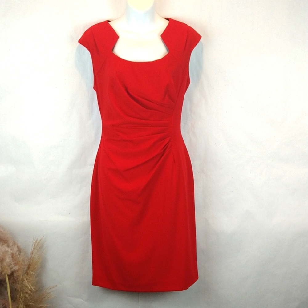 Calvin Klein Women's Red cap sleeve side ruched sheath cocktail dress